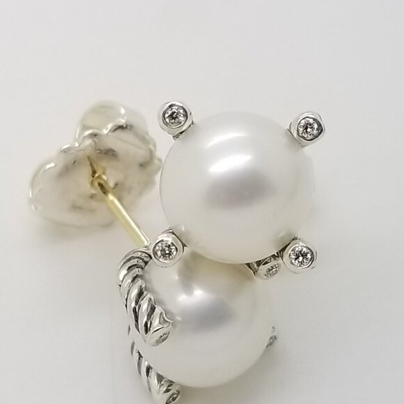 DAVID YURMAN 6mm Cable Classic Pearl Earrings in Sterling Silver w/ Diamonds 925 - Picture 7 of 8